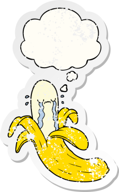 İnsan tarafından çizilmiş yıpranmış bir çıkartma gibi düşünce balonlu ağlayan bir çizgi film.