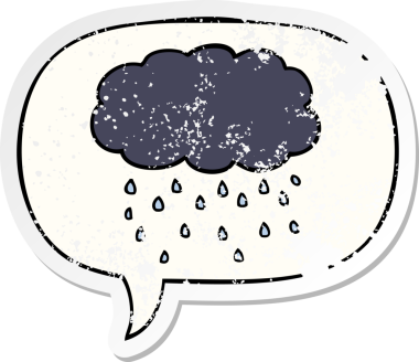 Karikatür bulutu yağmur gibi yağıyor. Bir insan tarafından çizilmiş, sıkıntılı, eski bir çıkartma.