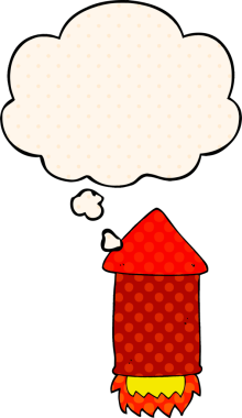 Bir insan tarafından çizilmiş, düşünce baloncuklu çizgi roman roketi.