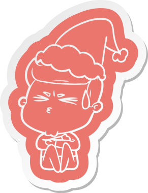 Bir insan tarafından çizilmiş Noel Baba şapkası giymiş terleyen bir adamın garip çizgi film etiketi.