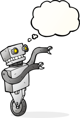 Bir insan tarafından çizilmiş düşünce baloncuklu komik robot.