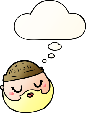 Çizgi film erkek yüzü sakallı, düşünce baloncuklu bir insan tarafından çizilmiş.