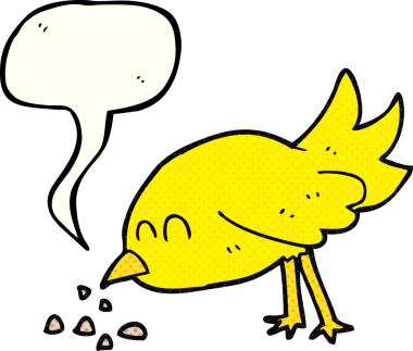 El yazısıyla çizilmiş çizgi roman konuşma balonu çizgi film kuşu bir insan tarafından çizilmiş tohumları gagalıyor.