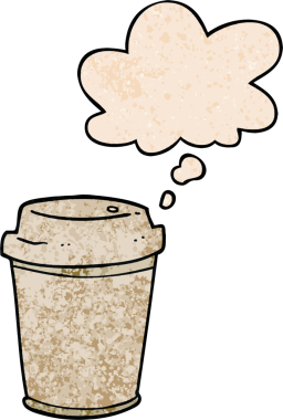 Bir insan tarafından çizilmiş grunge desenli düşünce baloncuklu kahve fincanı.