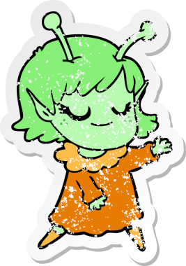 Bir insan tarafından çizilmiş gülümseyen uzaylı kız çizgi filminin sıkıntılı çıkartması.