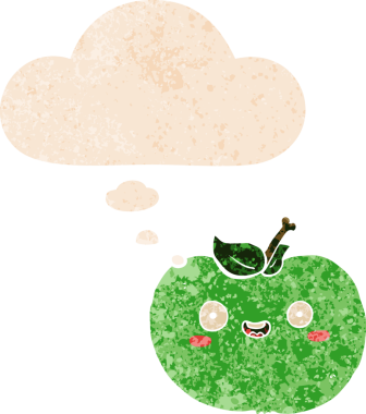 Düşünce baloncuklu çizgi film elması grunge sıkıntılı retro desenli bir insan tarafından çizilmiş