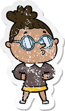 Bir insan tarafından çizilmiş gözlük takan karikatürlü bir kadının sıkıntılı çıkartması.