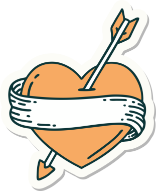 Bir insan tarafından çizilmiş ok kalp ve pankartın geleneksel stiliyle dövme çıkartması.