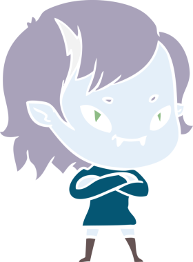 Bir insan tarafından çizilmiş düz renkli çizgi film arkadaş canlısı vampir kız.