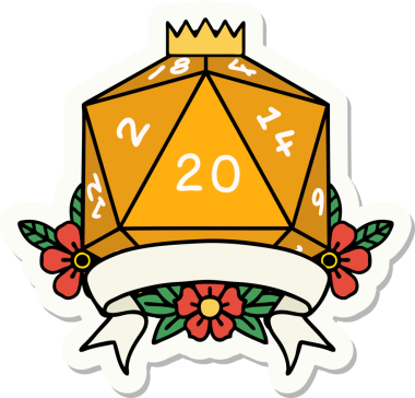 Bir insan tarafından çizilmiş 20 kritik vuruşluk D20 zar etiketi.