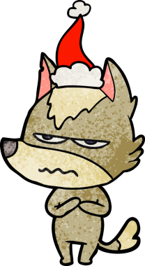 Bir insan tarafından çizilmiş Noel Baba şapkası takan rahatsız bir kurdun el çizimi karikatürü.