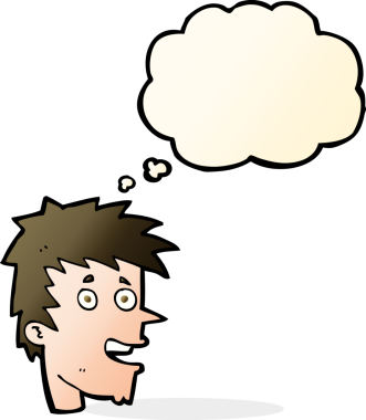 Bir insan tarafından çizilmiş düşünce baloncuklu mutlu çocuk yüzü.