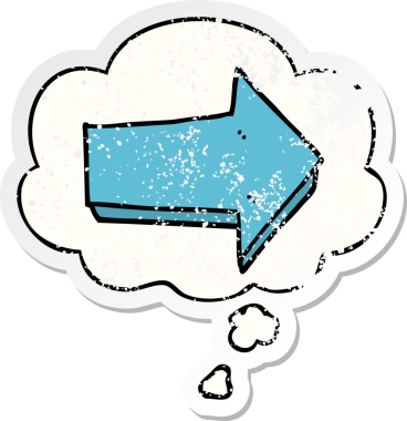 Düşünce baloncuğu olan çizgi film oku bir insan tarafından çizilmiş yıpranmış bir çıkartma gibi.