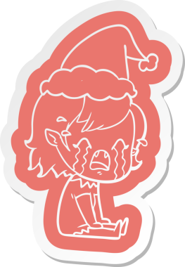 Bir insan tarafından çizilmiş Noel Baba şapkası giyen ağlayan vampir bir kızın garip bir karikatür çıkartması.