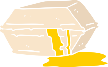 Düz renkli karikatür. Yağlı. Bir insan tarafından çizilmiş yiyecekler.