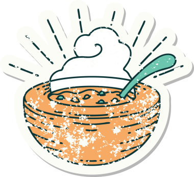 Bir insan tarafından çizilmiş bir çorba kasesinin eski bir çıkartması.