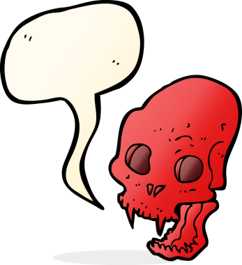 Bir insan tarafından çizilmiş konuşma balonlu korkunç vampir kafatası çizgi filmi.