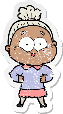 Bir insan tarafından çizilmiş mutlu, yaşlı bir kadının sıkıntılı çıkartması.