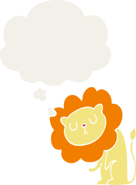 Bir insan tarafından çizilmiş düşünce baloncuğu olan sevimli çizgi film aslanı.