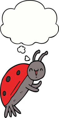 Bir insan tarafından çizilmiş düşünce balonlu sevimli uğur böceği çizgi filmi.