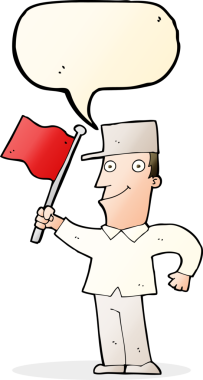 Bir insan tarafından çizilmiş konuşma balonuyla bayrak sallayan çizgi film adamı.