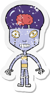 Bir insan tarafından çizilmiş garip bir robot çizgi filmin gerilimli çıkartması.