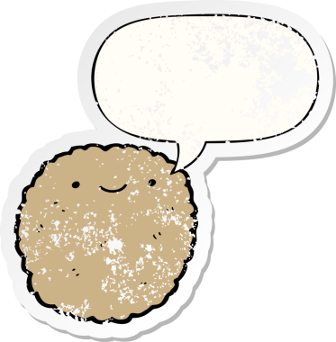 Konuşma balonlu çizgi film bisküvisi bir insan tarafından çizilmiş sıkıntılı eski bir çıkartma