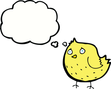 Bir insan tarafından çizilmiş düşünce baloncuklu çizgi film kuşu.