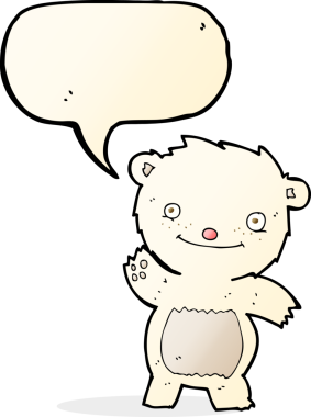 Bir insan tarafından çizilmiş konuşma balonlu kutup ayısı yavrusunu sallayan çizgi film.