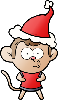 Şaşırmış bir maymunun insan tarafından çizilmiş Noel Baba şapkası giydiği el çizimi çizgi film.