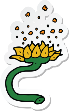 Bir insan tarafından çizilmiş polenleri salan karikatür çiçek etiketi.