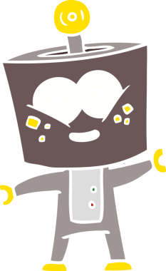 Bir insan tarafından çizilmiş mutlu düz renkli çizgi film robotu