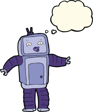 Bir insan tarafından çizilmiş düşünce baloncuklu komik robot.