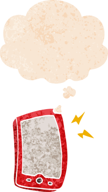 Düşünce baloncuklu çizgi film cep telefonu grunge sıkıntılı retro desenli bir insan tarafından çizilmiş