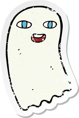 Bir insan tarafından çizilmiş komik bir karikatür hayaletinin gerilmiş çıkartması.