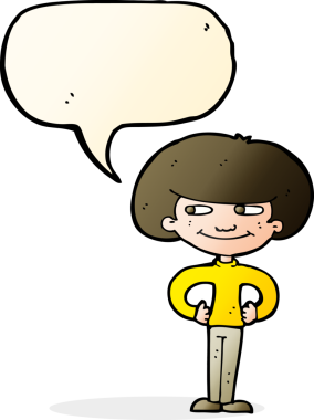 Bir insan tarafından çizilmiş konuşma balonlu elleri olan çizgi film çocuğu.