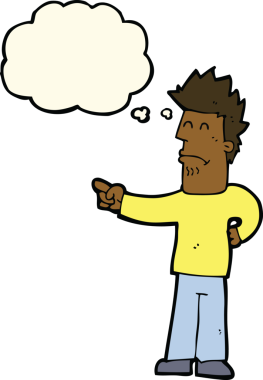 Bir insan tarafından çizilen düşünce baloncuğuyla işaret eden çizgi film adamı.