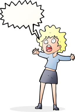 Bir insan tarafından çizilmiş konuşma baloncuğu olan korkmuş kadın çizgi filmi.