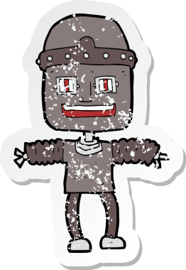 Bir insan tarafından çizilmiş karikatür robotunun gerilmiş yapıştırması.