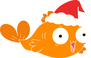 Mutlu akvaryum balığı eli bir insan tarafından çizilmiş Noel Baba şapkasının düz renk çizimi