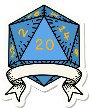 Bir insan tarafından çizilmiş 20 kritik vuruşluk D20 zar etiketi.