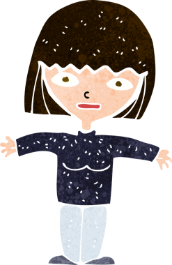 Bir insan tarafından çizilmiş açık kollu çizgi film kadını.