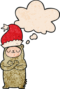 Bir insan tarafından çizilmiş grunge desenli düşünce baloncuklu noel şapkası takan çizgi film ayısı.