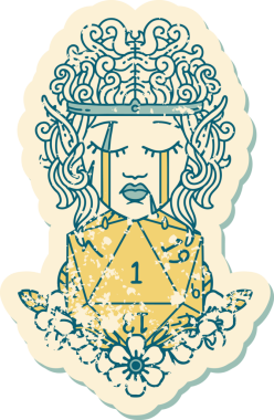 Retro Dövme Tarzı Ağlayan Elf Barbar Karakteri Bir insan tarafından çizilmiş doğal bir D20 rulosu