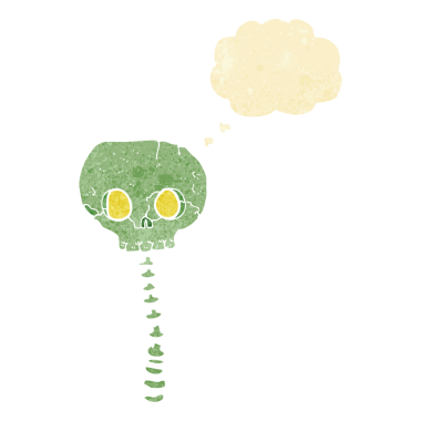 Bir insan tarafından çizilmiş düşünce baloncuklu korkunç kafatası ve omurga.