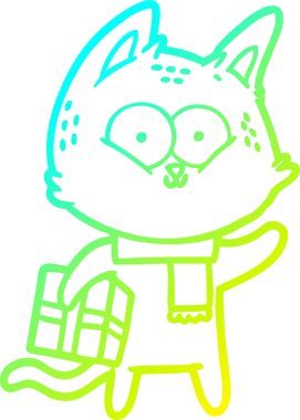 Bir insan tarafından çizilmiş Noel hediyesini taşıyan çizgi film kedisinin soğuk gradyan çizimi.