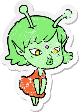 Bir insan tarafından çizilmiş güzel uzaylı bir kızın sıkıntılı çıkartması.