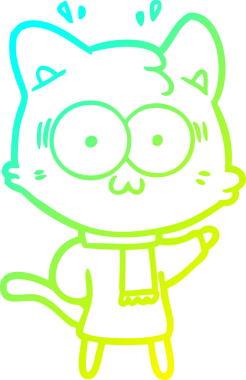 Bir çizgi film çizimi soğuk kış kıyafetleri giymiş bir kedi tarafından çizilmiş.