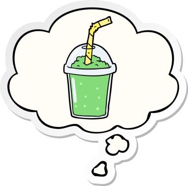 Düşünce baloncuklu buzlu içecek. Bir insan tarafından çizilmiş bir çıkartma.