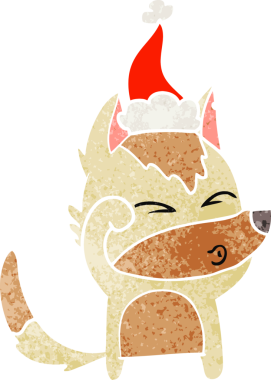 Bir insanın çizdiği Noel Baba şapkasıyla somurtan bir kurdun el çizimi karikatürü.